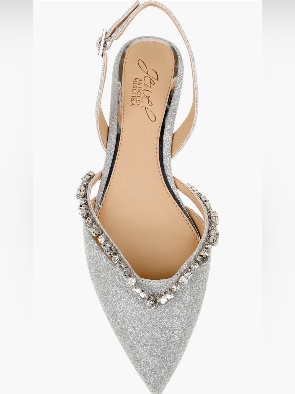 Jewel Badgley Mischka Silver Glitter Pointed Toe Slingback Flats with Gem Trim